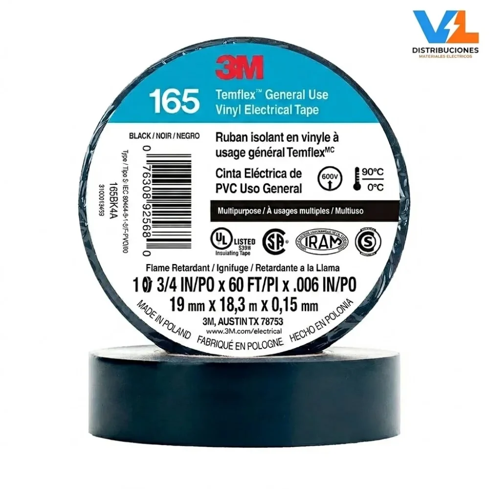 CINTA AISL. TEMFLEX 165 VINILO 3/4"X 18MTS NEGRO